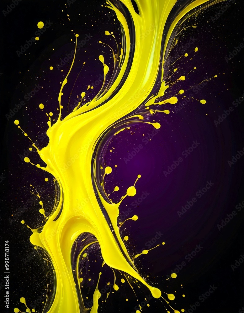 Poster a dynamic and abstract representation of yellow paint splashing against a dark purple background The splashes are arranged in a curved and swirling manner, creating a sense