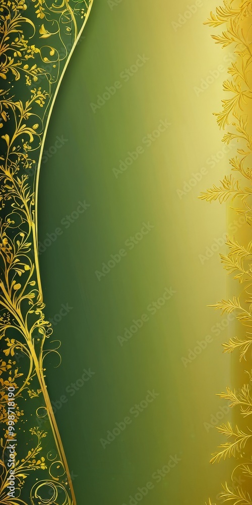 Poster a green and gold floral design with a curved border and a gradient background transitioning from gre