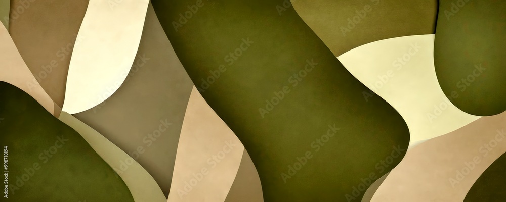 Fototapete a complex abstract composition of overlapping shapes in various shades of green, beige, and brown, creating a visually striking and dynamic pattern