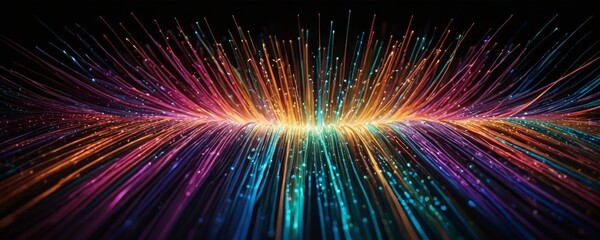 a vibrant, abstract representation rainbow, composed of numerous colorful lines and rays that emanate from a central point, creating a dynamic and visually striking effect