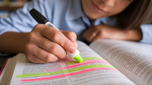 A close-up shot of a student diligently highlighting key passages in their textbook using a highlighter. The image conveys concentration, studying, learning, and academic success.