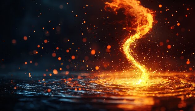 Vivid spiral of fire rising from a liquid surface with glowing sparks, showcasing dynamic energy and intensity against a dark background.