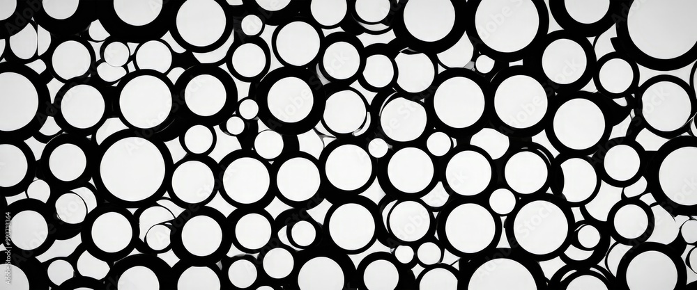 Poster A black and white abstract image featuring overlapping circles of varying sizes, creating a sense of depth and complexity.