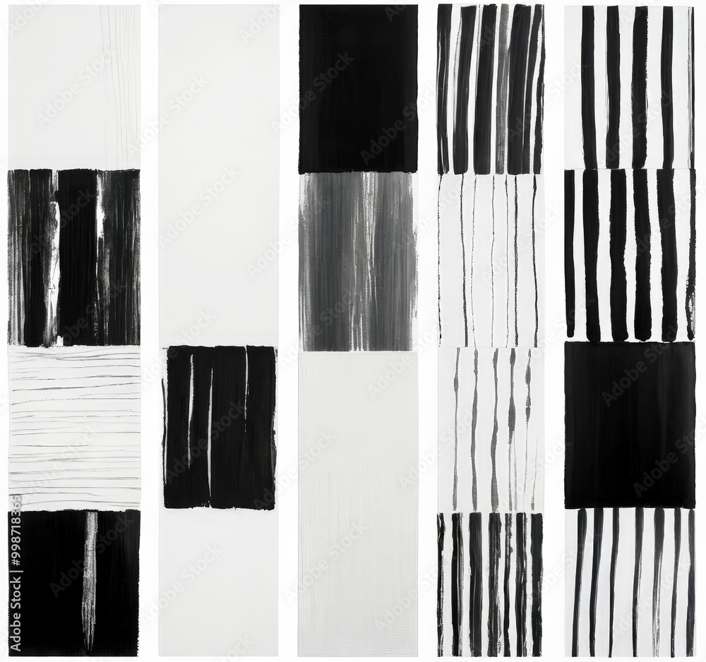 Aufkleber a grid of nine vertical black and white brushstrokes, each with a unique pattern and texture, arrang