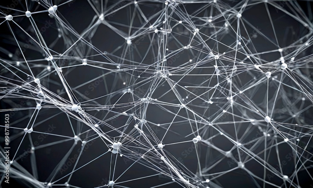 Poster A complex network of interconnected lines and points, resembling a dense web or intricate web-like structure, fills the frame