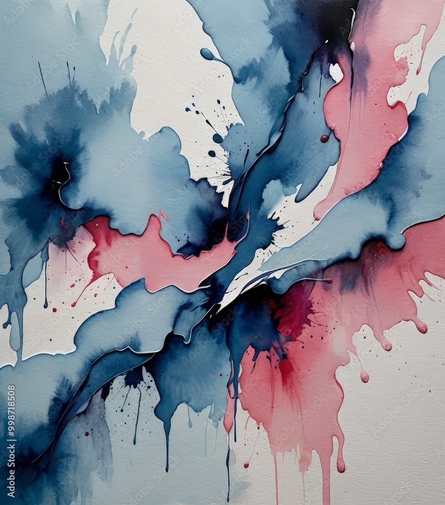 Poster abstract painting featuring a dynamic interplay of blue, pink, and white hues, with splashes of colo