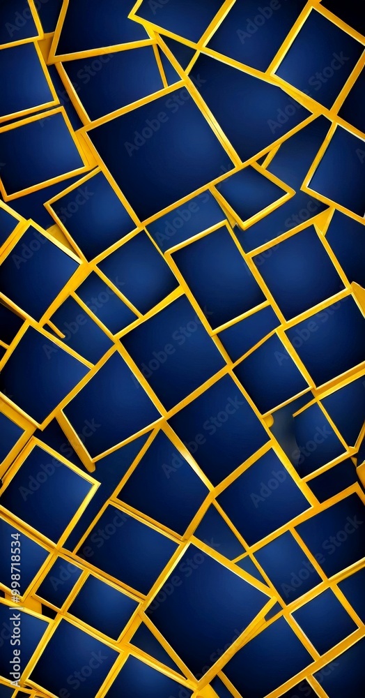 Poster a complex pattern of overlapping square tiles in varying shades of blue and gold, creating a visually striking and abstract design.