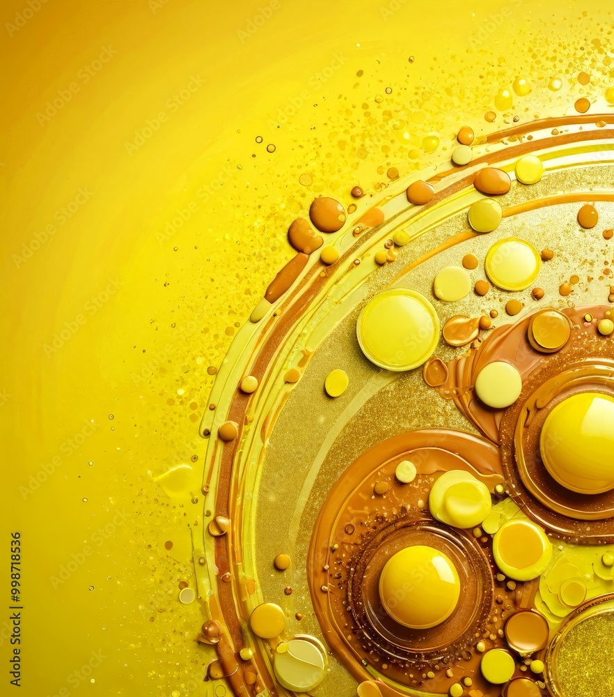 Aufkleber a vibrant abstract composition of overlapping circles and droplets of yellow and brown liquid agains