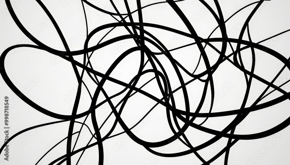 Poster a black and white abstract composition featuring a chaotic arrangement of curved lines and shapes, creating a sense of movement and energy