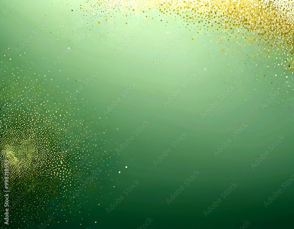 Poster a vibrant green background with a scattering of gold glitter particles, creating a sense of depth and movement. The glitter particles are randomly dispersed across the image,