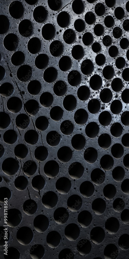 Poster a close-up view textured surface with a grid-like pattern of circular holes, creating a visually striking and abstract design