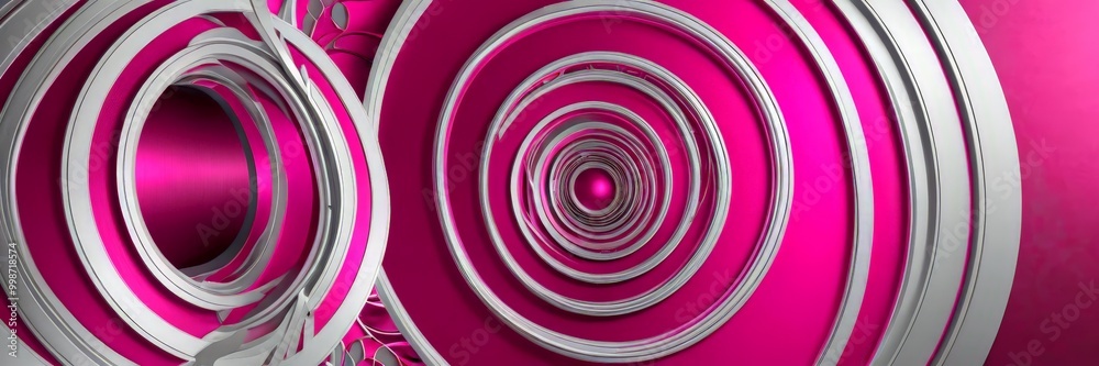 Poster a spiral pattern, with concentric circles of varying sizes and shades of pink and silver, creating a visually striking and abstract design