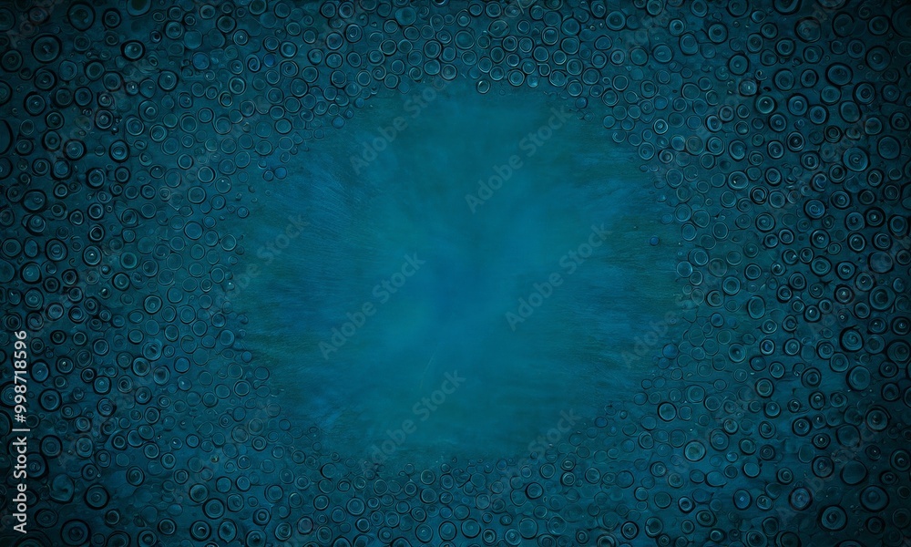 Poster a close-up view blue-green surface with numerous small circular water droplets scattered across it, creating a textured and abstract pattern