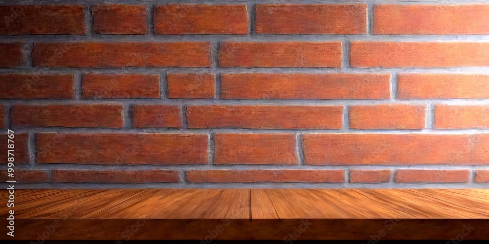 Poster a wooden table sits against a brick wall, creating a simple and minimalist composition