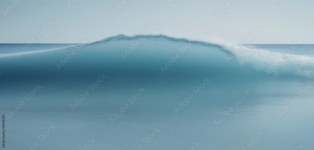 Poster a serene large, curling wave in the ocean, captured in a long exposure setting, with a calm and tran