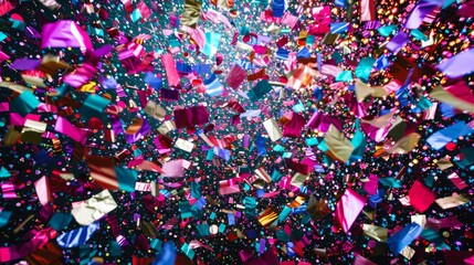 A colorful explosion of confetti is falling from the sky