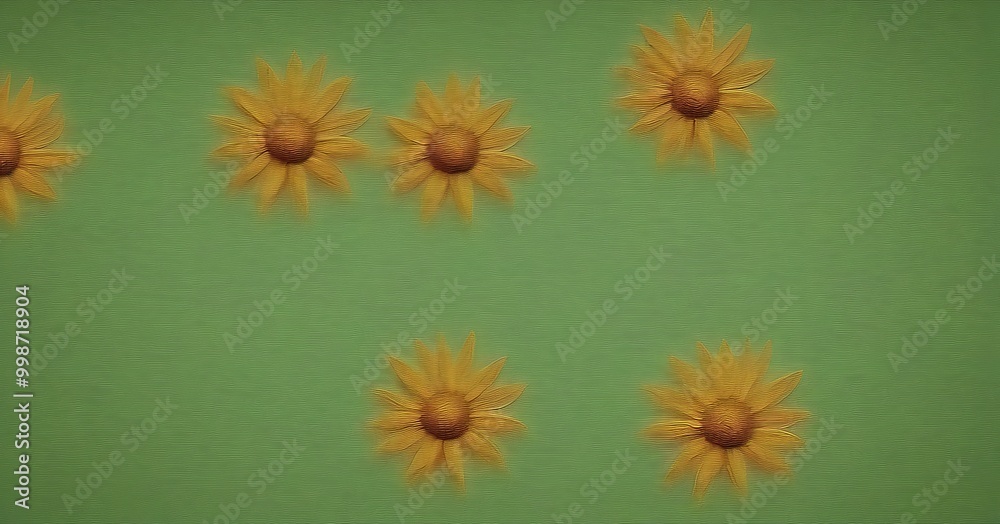 Poster a close-up view of six yellow sunflowers arranged in a grid-like pattern against a green background