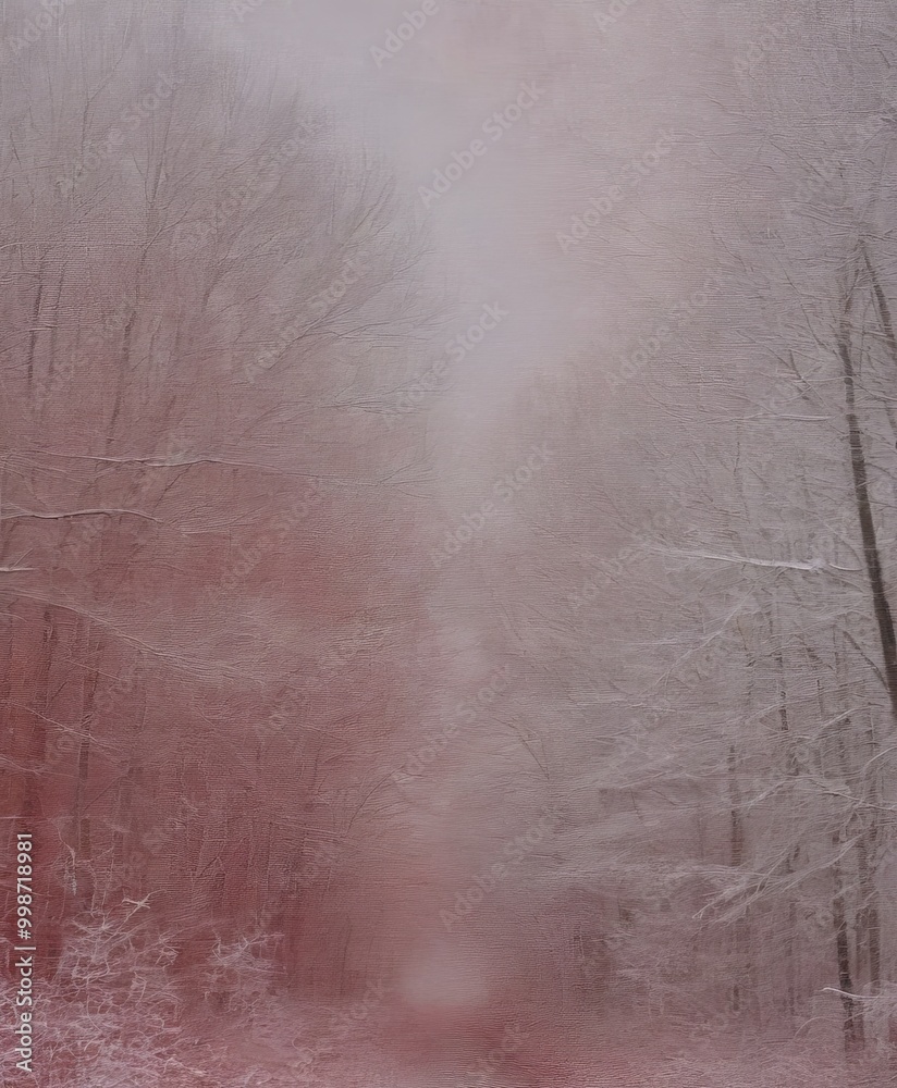 Poster a foggy forest path, with a red-tinted, hazy atmosphere, leads through the trees
