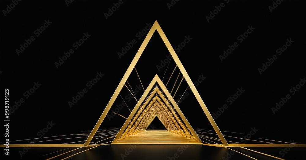 Aufkleber A series of golden triangles, each with a unique design, form a tunnel-like structure against a black background