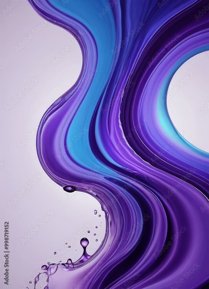 Poster a vibrant abstract composition of purple and blue hues, with a central wave-like shape and a splash 