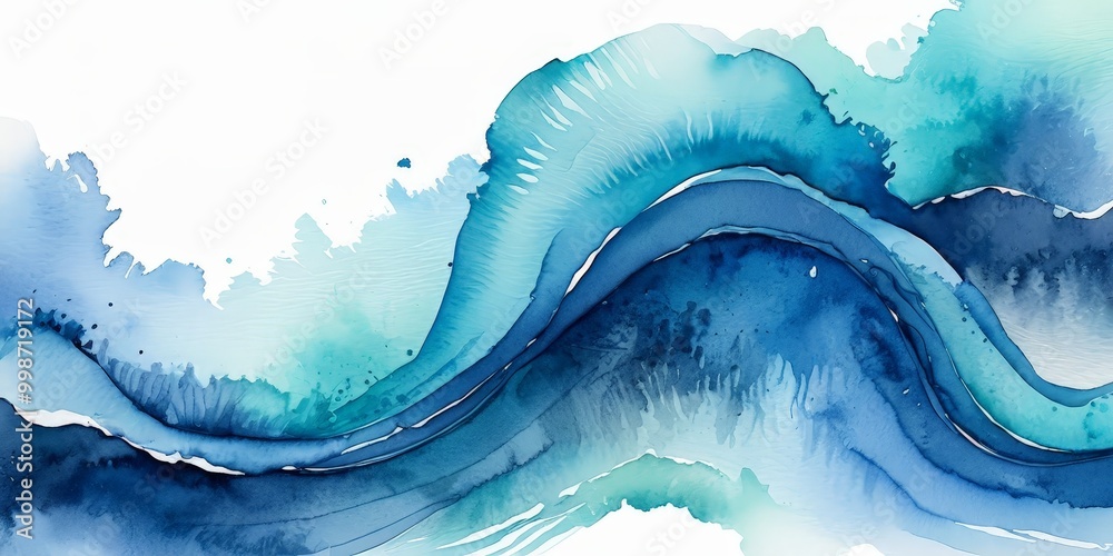 Poster a watercolor painting wave, with the wave's crest and crestline in shades of blue and white, creatin