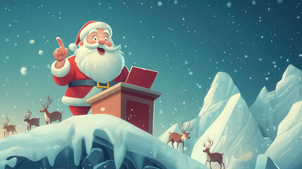 Santa Claus delivering festive announcement in snowy landscape, surrounded by reindeer and mountains. cheerful scene captures joy of holiday season