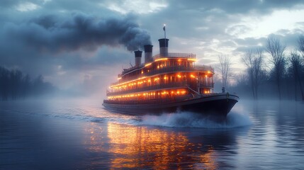 Vintage Riverboat Cruising Through Foggy Sunset