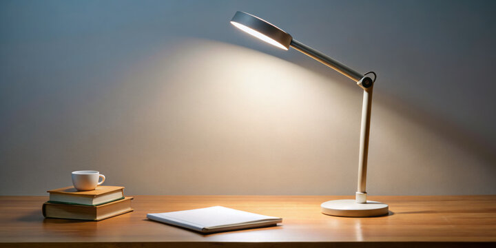 simple yet elegant lamp provides task lighting on clutter free desk, enhancing focus and productivity. warm glow complements books and notebook, creating serene workspace