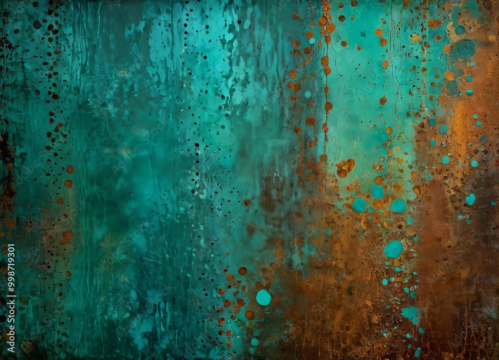Poster an abstract painting featuring a textured surface with a gradient of turquoise and brown colors, creating a sense of depth and movement