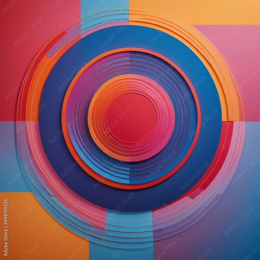 Aufkleber a vibrant abstract composition of overlapping concentric circles in various shades of blue, orange, and pink, set against a gradient background transitioning from red to blue.