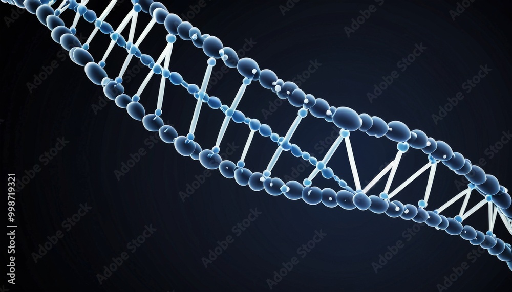 Poster a 3d of a dna helix, composed of blue spheres connected by white lines, set against a dark backgroun