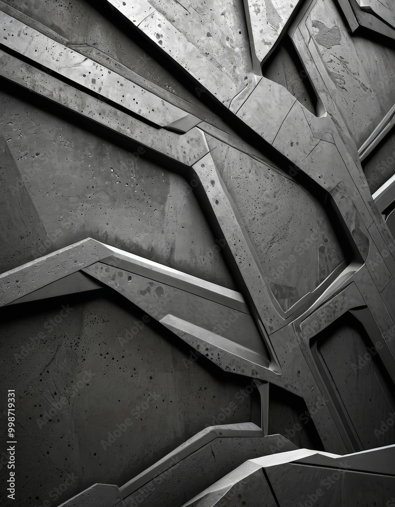 Poster a close-up view of a textured concrete wall, with a geometric pattern of intersecting lines and angles.