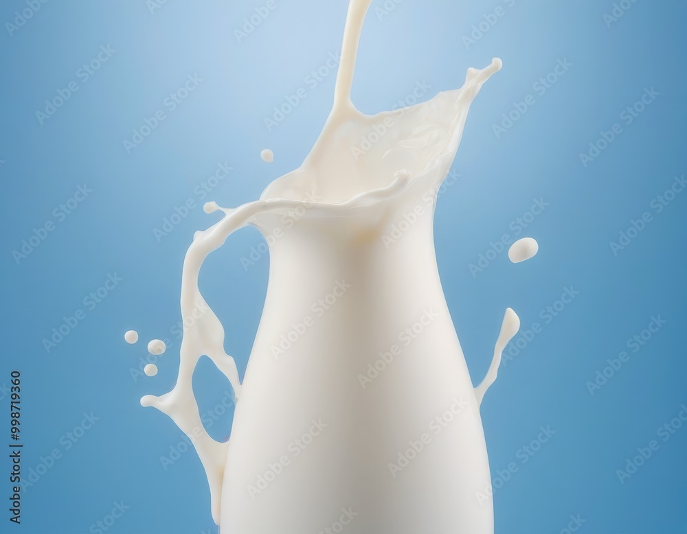 Poster a white pitcher is shown with milk splashing out in a dynamic, ic composition against a blue backgro