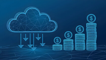 Abstract digital cloud with arrows up and down and dollar coins tower. Cloud mining or digital investment technology concept. Low poly wireframe vector illustration in futuristic hologram blue style. 