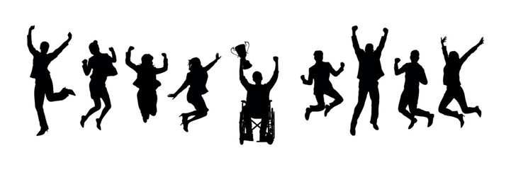 Disabled man in wheelchair holding trophy success celebration with group of people jumping together vector silhouette.