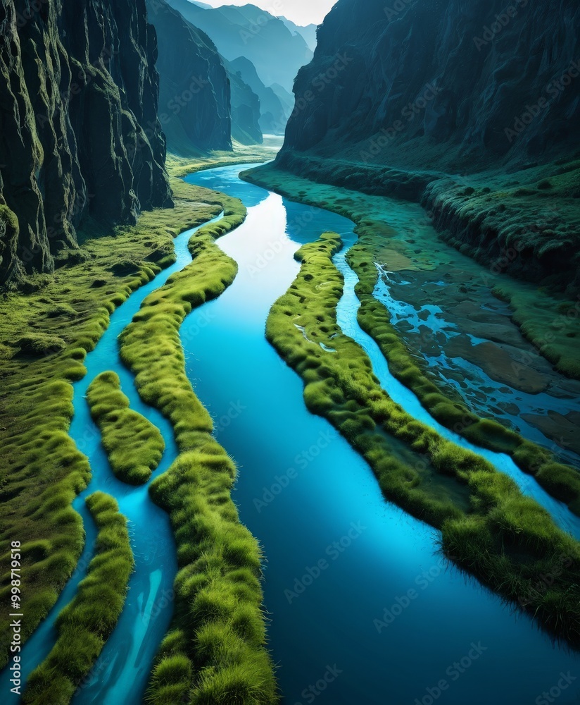 Aufkleber a serene aerial view winding river flowing through a lush, verdant valley, with towering cliffs on e