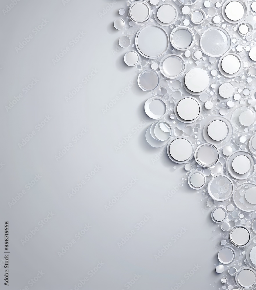 Aufkleber a collection of white circles arranged in a diagonal pattern, creating a sense of movement and dynamism The circles are set against a light gray background, which enhances