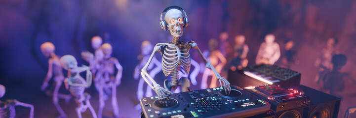 Haunted Halloween party: skeleton DJ at the mixing console surrounded by dancing spooky skeletons. Background for greeting cards, invitations, posters, holiday events, parties. 3D rendering.