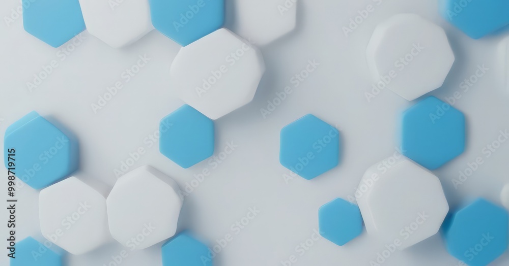 Poster A pattern of white and blue hexagonal shapes arranged in a grid-like fashion against a light gray background.