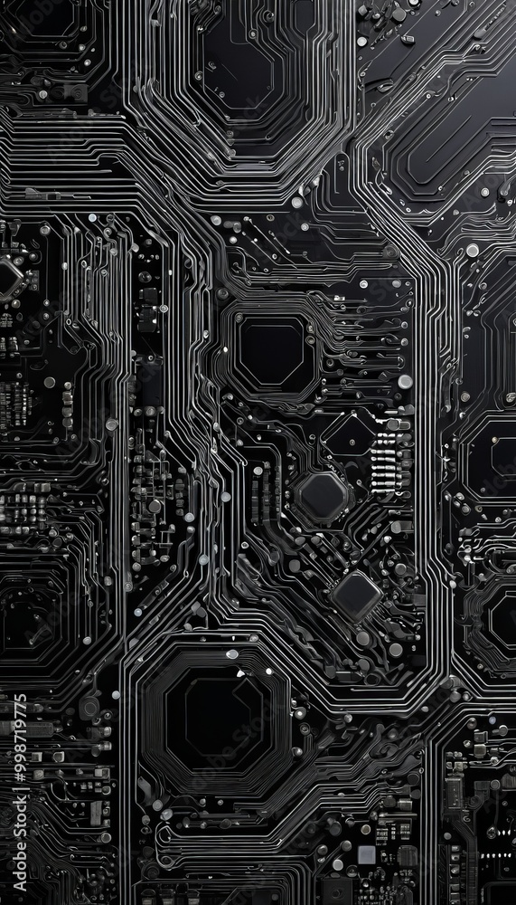 Aufkleber a detailed view black circuit board, showcasing a complex array of interconnected electronic components and traces The circuit board is densely