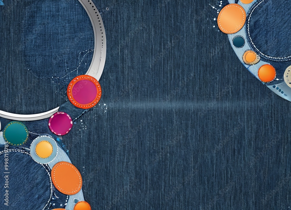 Aufkleber a blue denim background with a circular arrangement of colorful buttons in various shades of orange, pink, and blue, creating a vibrant and playful design