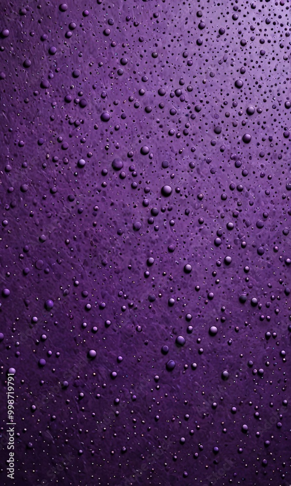 Poster a close-up view purple surface with numerous small, round water droplets scattered across it, creating a textured and abstract pattern