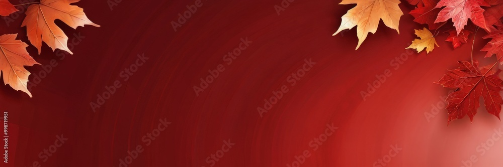 Poster a vibrant red background with a gradient of orange and yellow autumn leaves scattered across it, cre