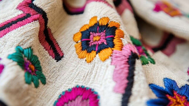 Close-up of turkmen traditional embroidery details for cultural print or poster use
