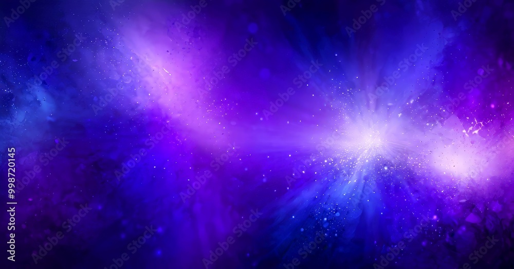 Poster a cosmic scene with a starburst in the center, surrounded by a swirling galaxy and a gradient of pur