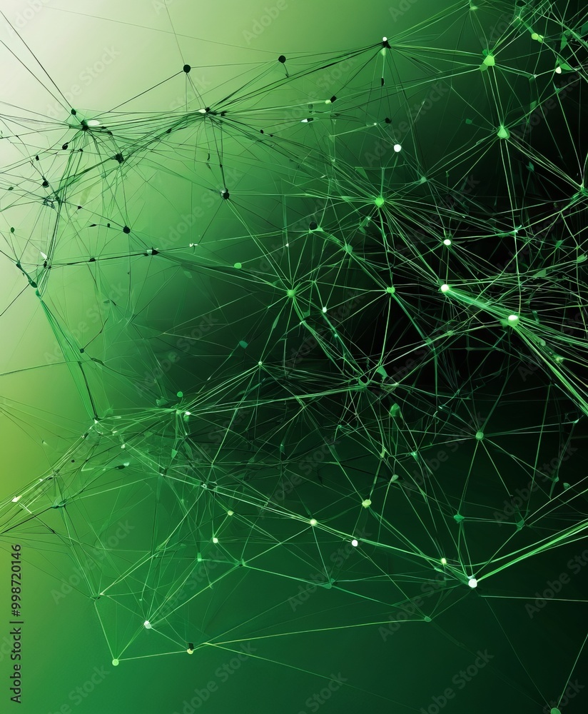 Poster a complex network of interconnected lines and dots, creating a visually striking abstract pattern. The color scheme is predominantly green, with white dots scattered
