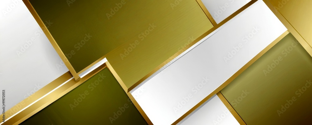 Poster a geometric pattern composed of overlapping rectangles in various shades of green and gold, with a w