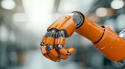 Close-up of a robotic hand with intricate details, modern design, white background.