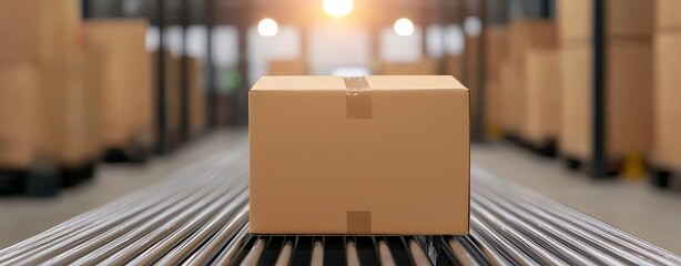 Cardboard box on conveyor belt in a warehouse, soft focus background.