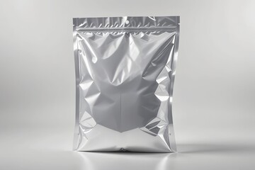 a close up of a silver foil bag on a white surface